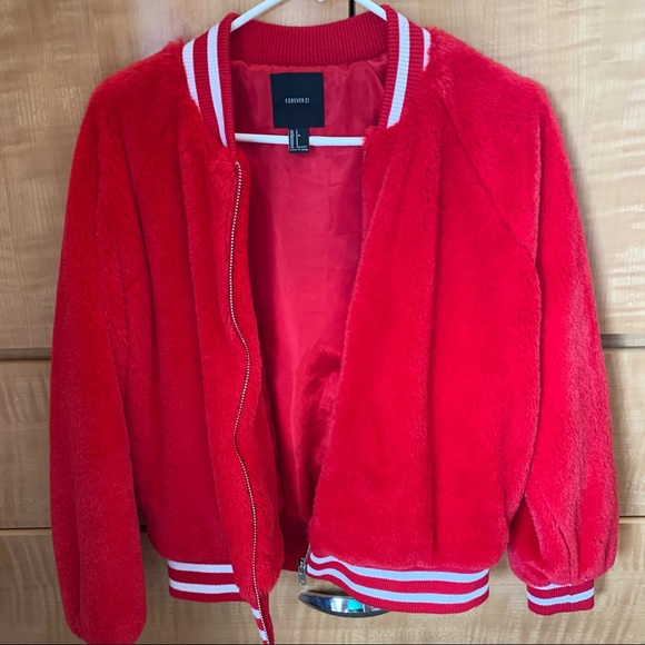 Bright Red Taken Faux Fur Varsity Jacket - Picture 6 of 12